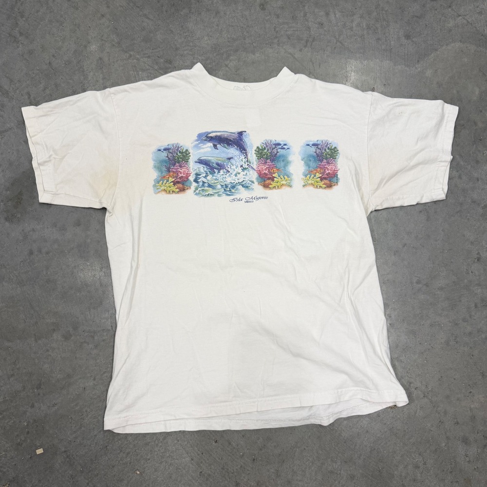 Vintage Isla Mujeres Mexico Dolphin Graphic T-Shirt White Large 90s Souvenir Tee